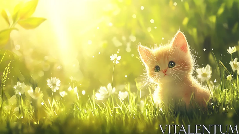 Orange kitten in sunny meadow with bright green grass.