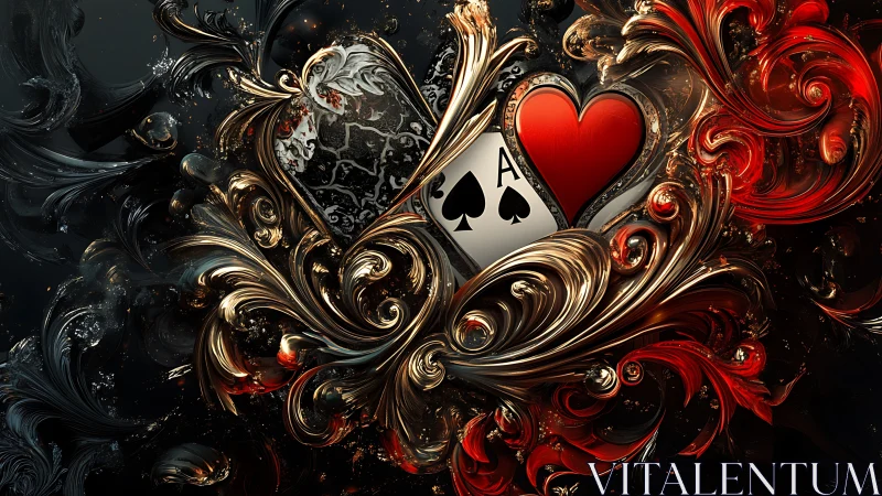 Ornate ace of spades and heart card in swirling metallic art