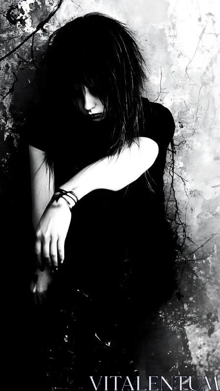 Emo figure in stark black and white against cracked wall.