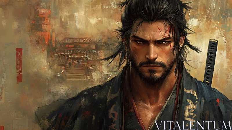 Battle-worn samurai portrait rendered in textured digital paint