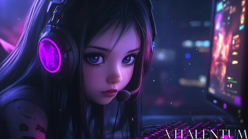 Girl gamer with headset focuses on illuminated monitor