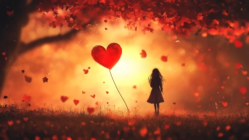 Girl Holding Heart Balloon in Golden Sunset Field