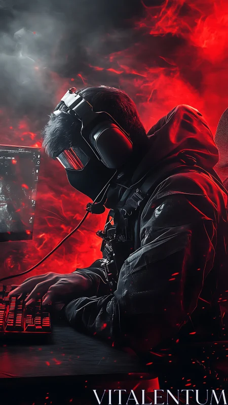 Focused gamer in vivid red glow at an intense battlestation.