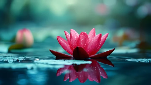 Pink water lily with reflection on calm blue surface.