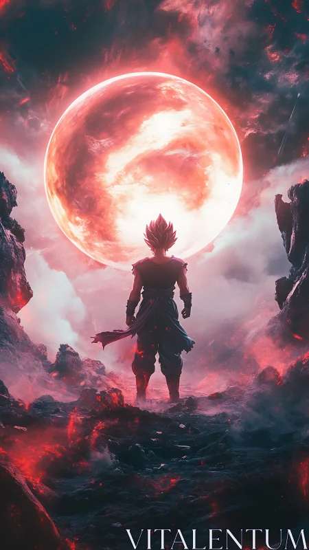 Warrior silhouette faces colossal crimson celestial sphere.