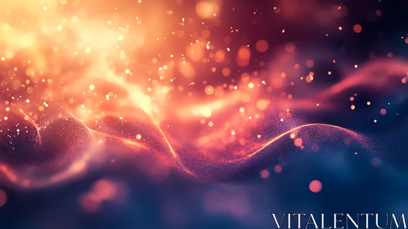 Digital painting of luminous particle waves in warm spectrum.