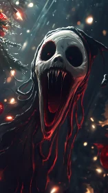 Skeletal hooded wraith figure beside lit holiday tree.