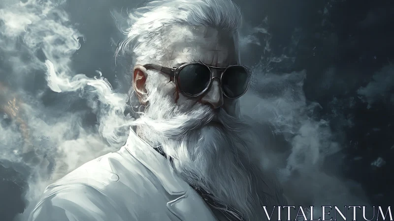 Storm-breathing elder in shades quietly bends the swirling mist