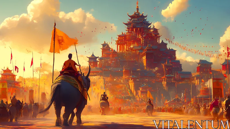 Sunlit cavalry approaches monumental imperial citadel in haze