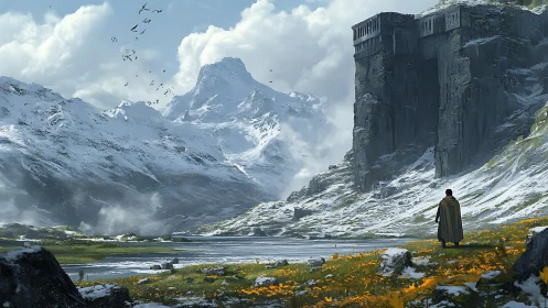 Lone traveler approaches fortress in snowy mountain pass.