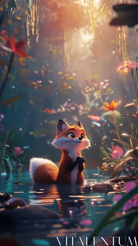 Gentle fox pauses in a glowing forest pond of soft wonder.