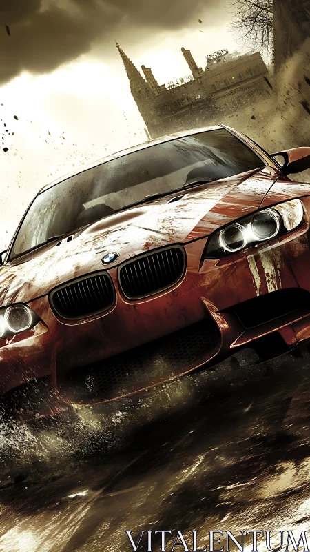 Mud-scarred BMW slashes through storm-lit city streets.