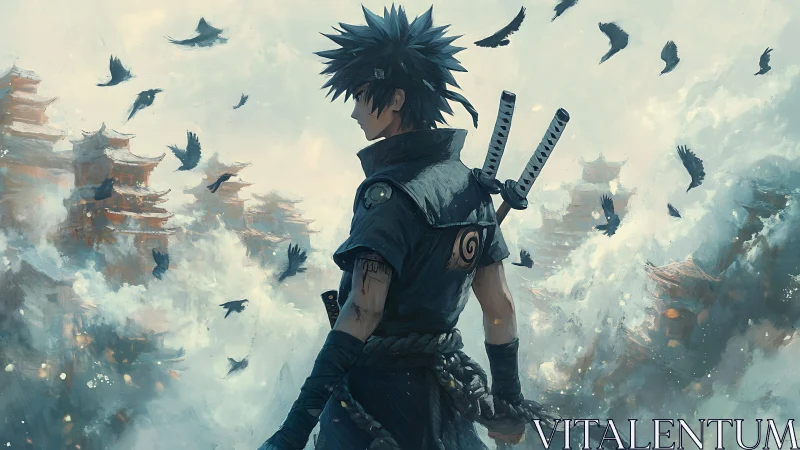 Lone anime swordsman surveys misty temples and circling crows