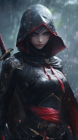Hooded kunoichi in rain with wet specular armor and drawn katana