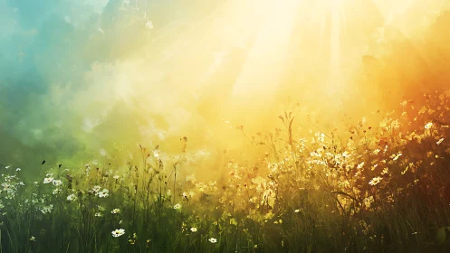 Sunlit wildflower meadow dissolving into golden morning mist.