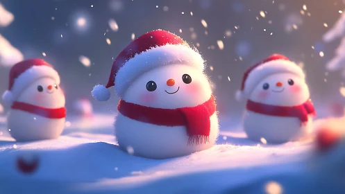 Three stylized snow figures wear red hats and scarves outdoors