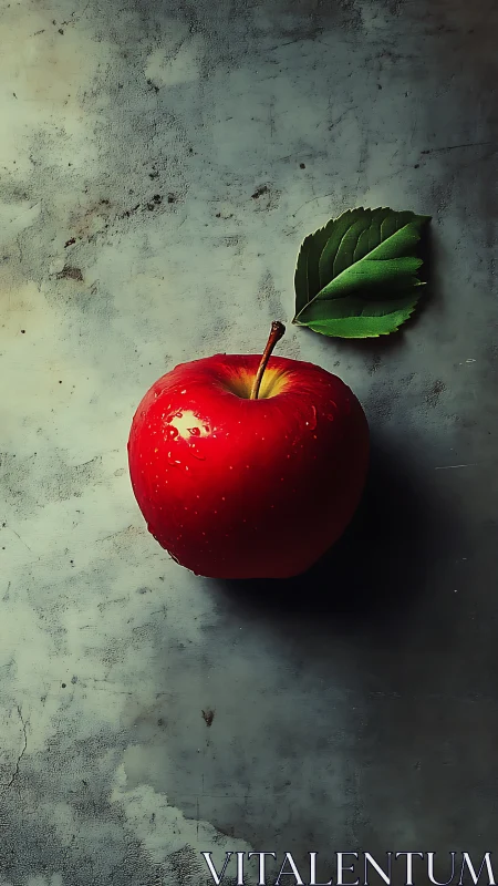 Red apple rests on textured slate in moody side light.