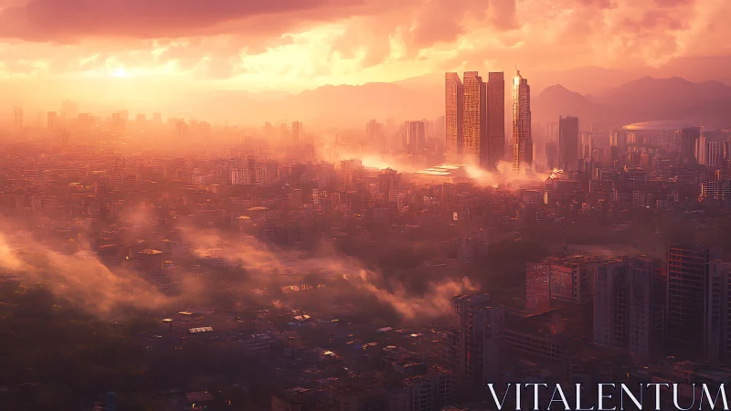 Sunlit megacity skyline glows through misty orange haze.