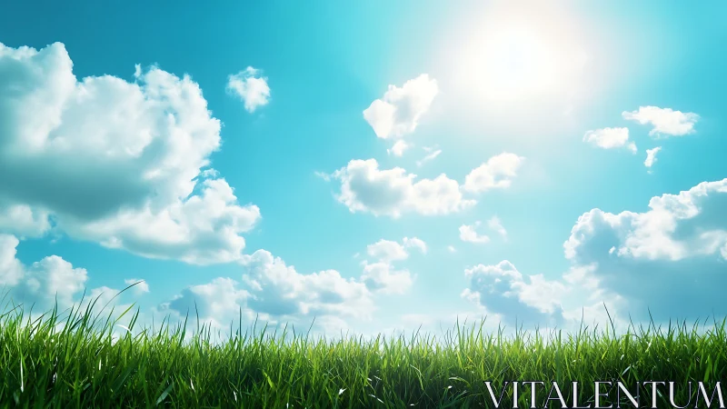 Sunlit grass horizon under vivid blue sky and clouds.