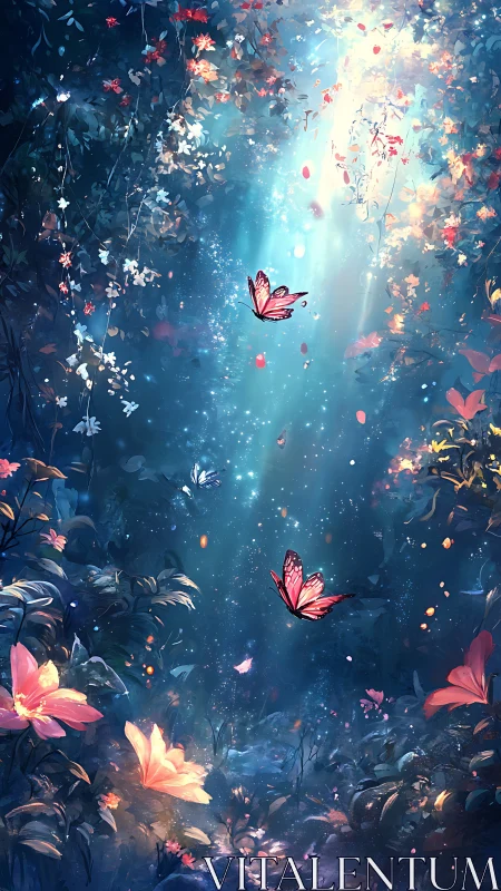 Enchanted butterflies drifting through luminous forest haze.