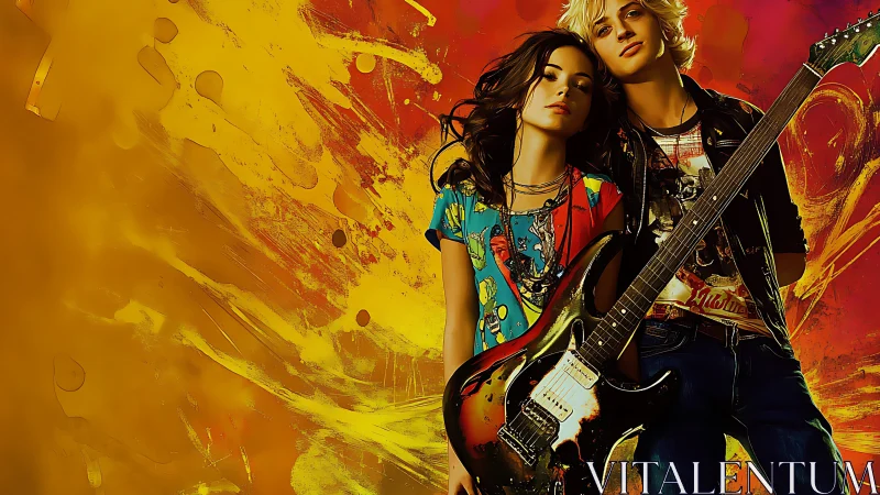 Rock duo framed by abstract graffiti-style neon brushwork