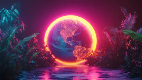 Neon-lit digital globe is rendered within tropical foliage