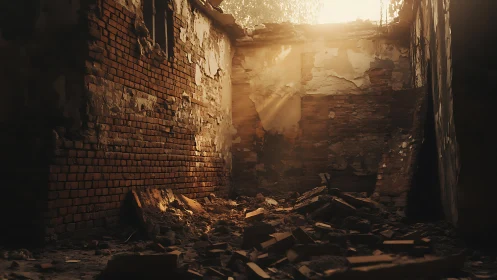 Golden light spilling into a quiet crumbling brick room.
