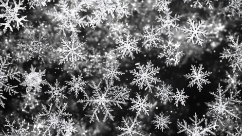 Glistening macro snowflakes suspended in soft winter bokeh.