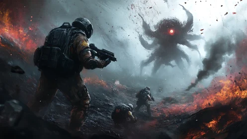 Armored soldiers confront colossal red‑eyed alien horror.