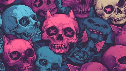 Neon feline skull cluster renders stylized macabre anatomy