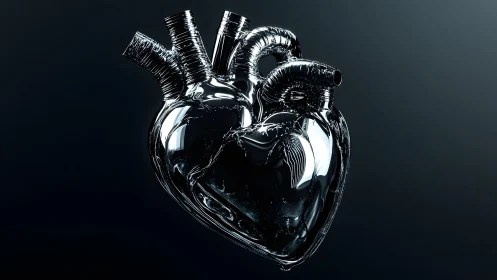 Transparent glass anatomical heart on dark background, digital art.