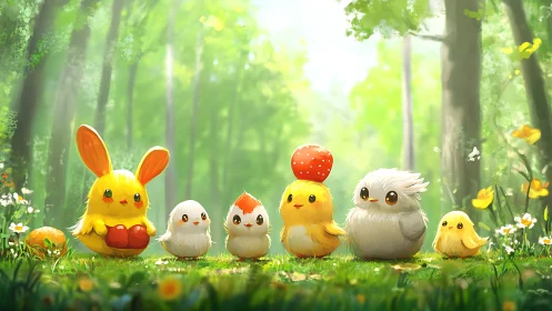 Sunlit forest critter parade in a meadow of tiny wonders.