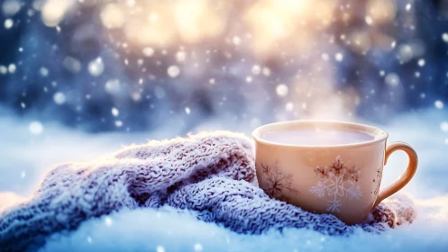 Cozy winter mug waits warmly on a snow-dusted knitted blanket