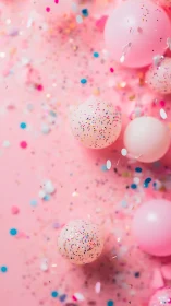 Spheres with glitter particles suspended in pink atmospheric space