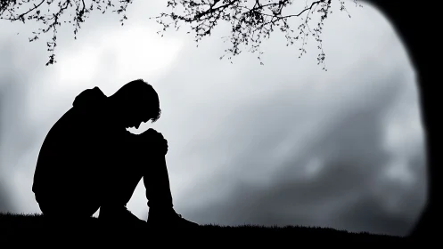 Silhouetted person seated under overcast sky in profile.