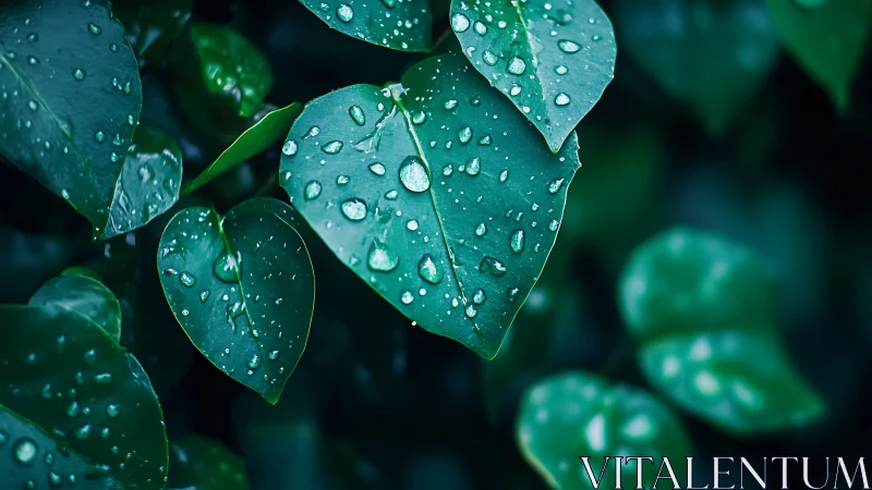 Rain-dotted green leaves capture crisp macro natural detail