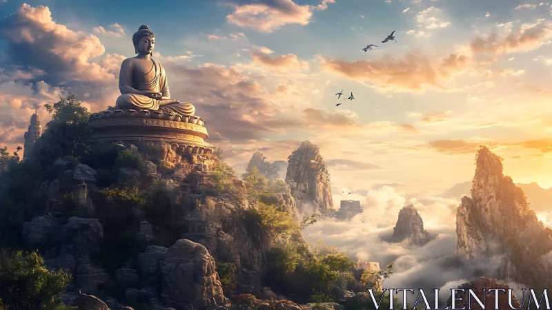 Monumental Buddha statue on misty mountain ridge at sunrise