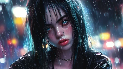 Moody digital portrait of wet girl in neon city rain.