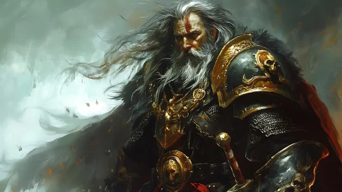 Weathered warlord wrapped in stormlight and gold armor.