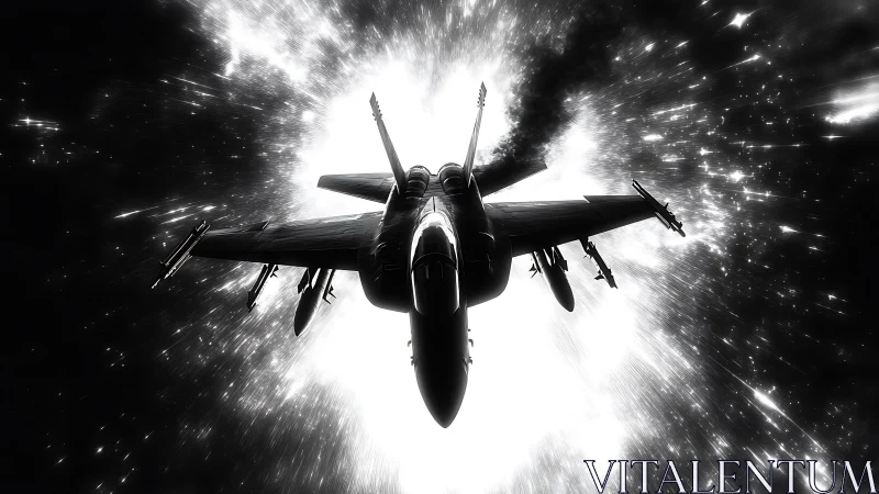 Military jet silhouette against high contrast light burst.