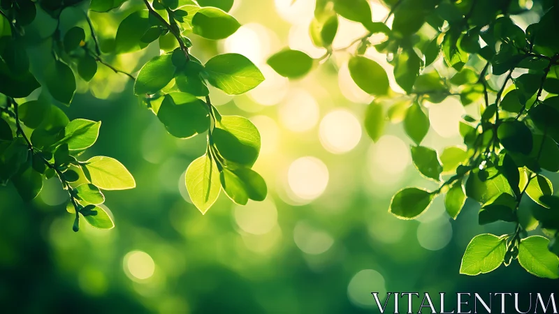 Sunlit Green Leaves Close-Up with Soft Bokeh Effect, Nature Style.