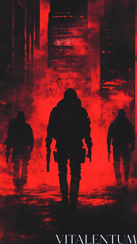 Armed silhouettes advance through dense red urban smoke.