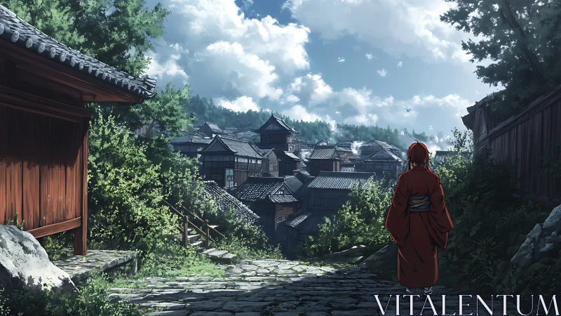 Solitary traveler overlooks a tranquil Edo-era hillside town