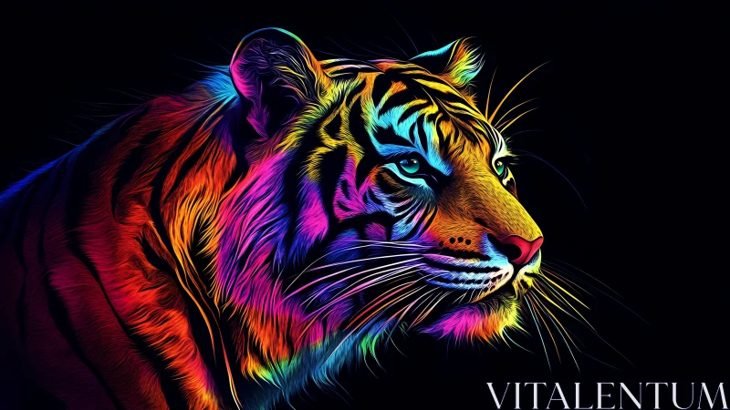 Multicolored digital tiger profile rendered on black background