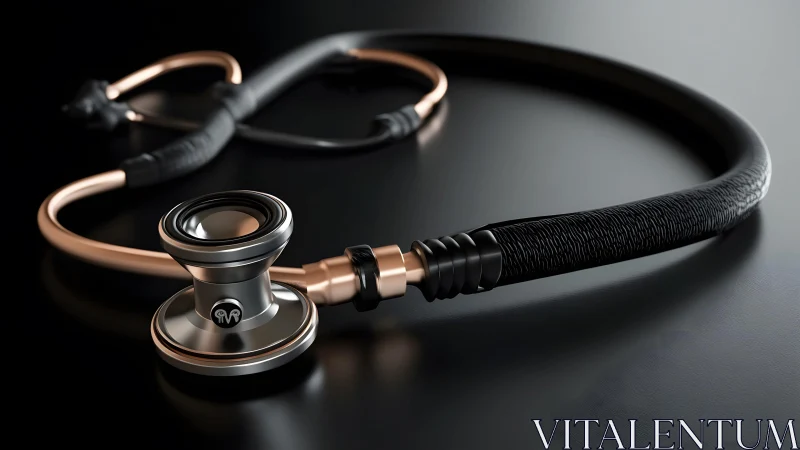 Modern stethoscope on dark surface, close-up with metallic highlights.