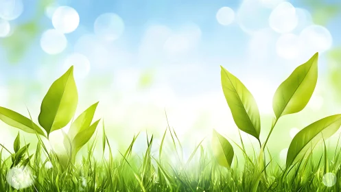 Fresh Green Leaves and Grass in Soft Spring Morning Light, Digital Art.