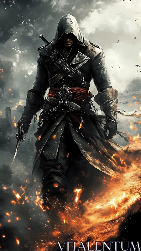 Ember‑Shrouded Rogue Strides Through a Ruined Horizon.