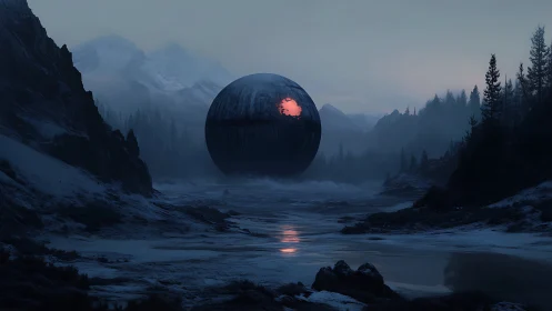 Colossal dark sphere hovers over frozen valley at dusk