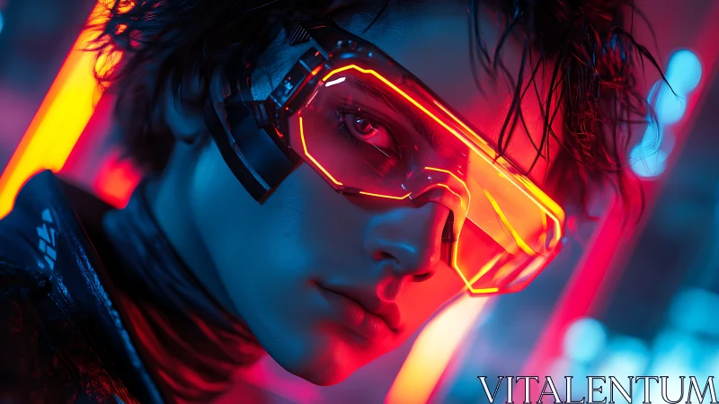 Neon-lit cyberpunk portrait captures intense futuristic gaze