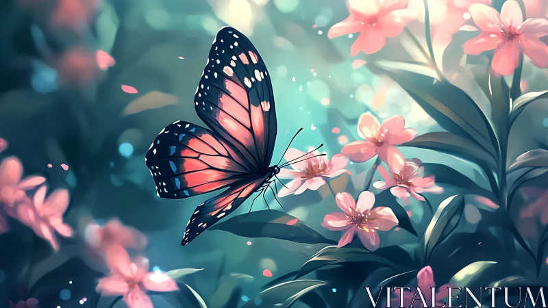 Gentle butterfly pauses among soft pink blossoms in dreamy light